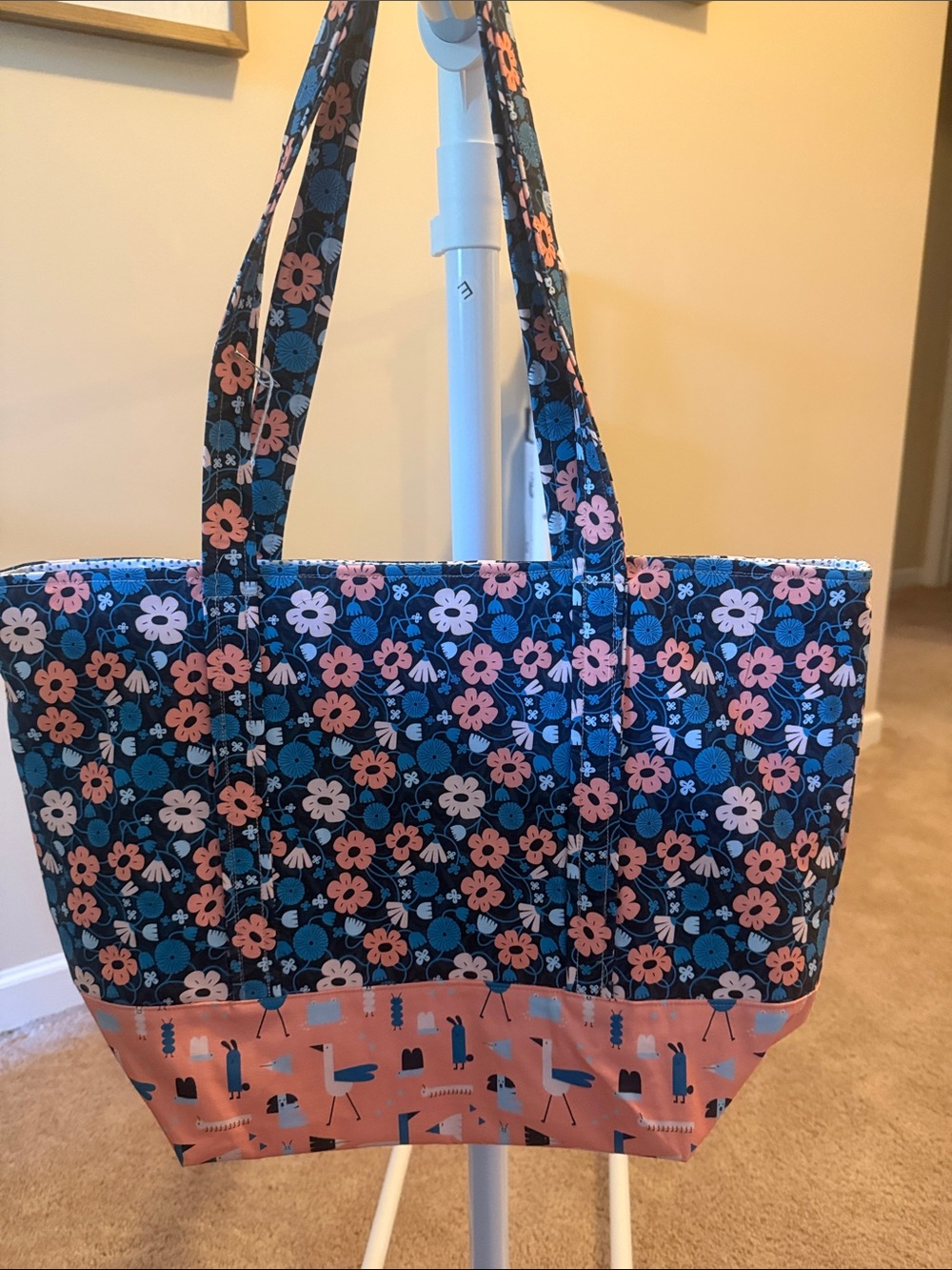Navy Floral and Pink Patterned Quilted Tote